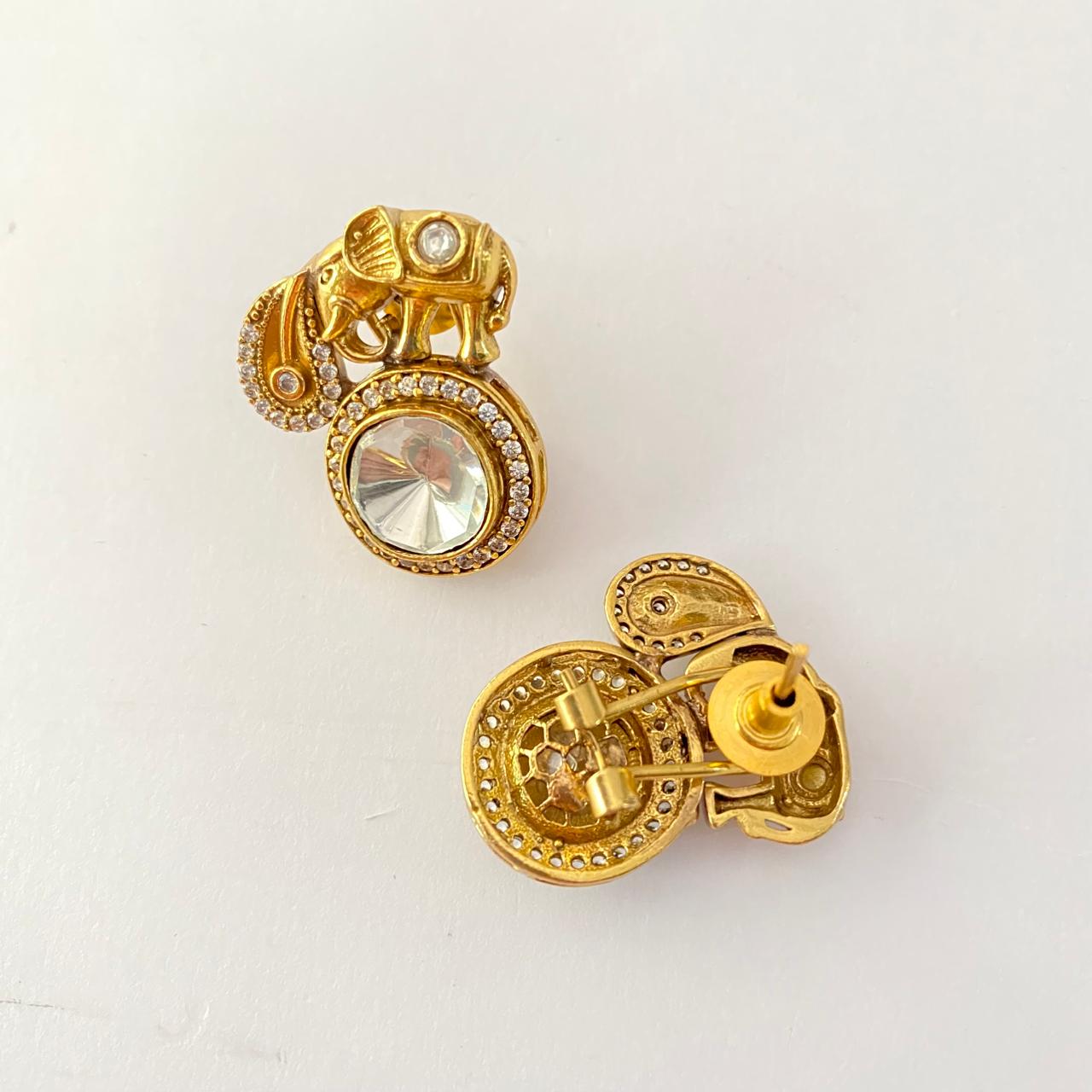 Polki Antique Gold Plated Elephant Featured Stud