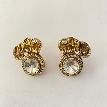 Polki Antique Gold Plated Elephant Featured Stud