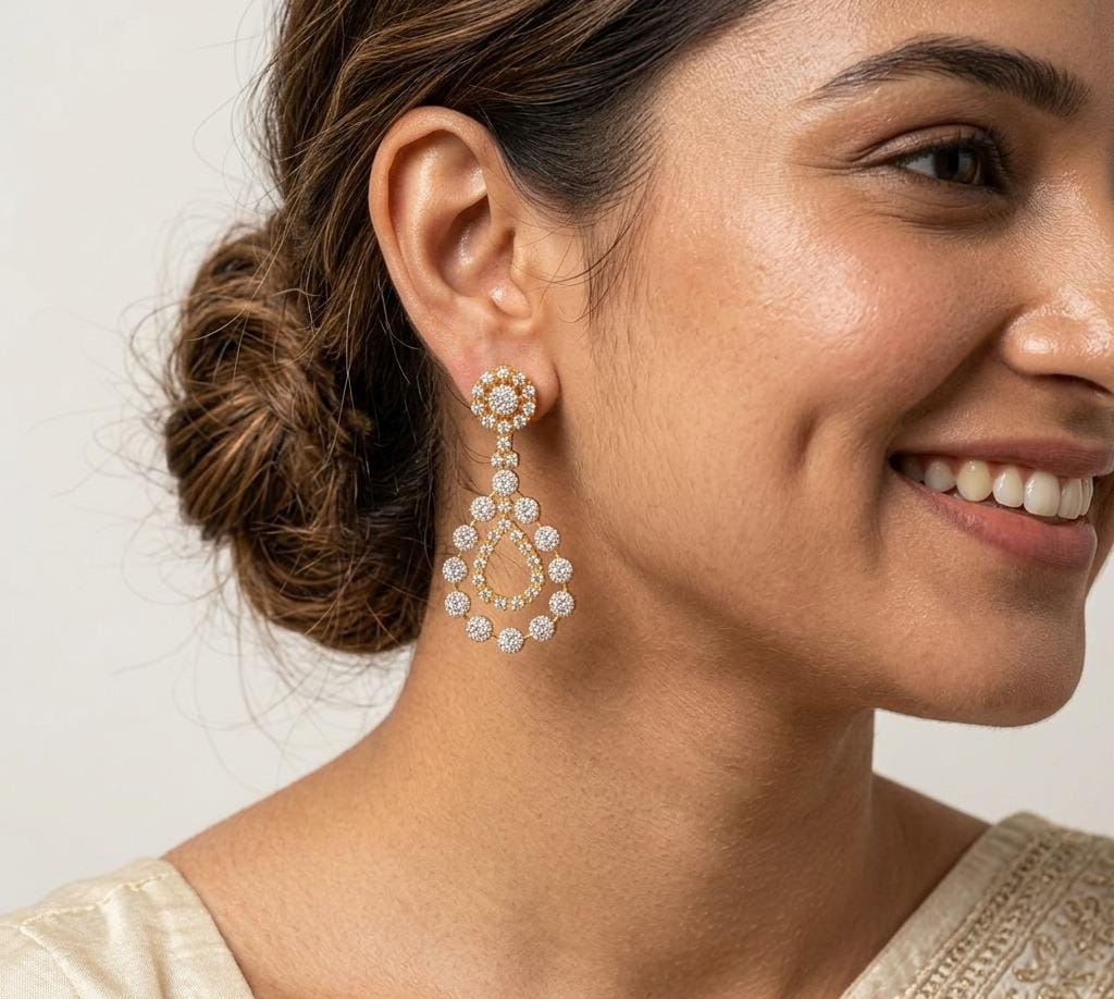Gold Plated with Dropn Design Diamond Earring