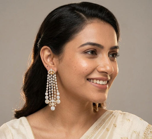 Diamond Gold Plated Multi Strand Drop Studded Earring