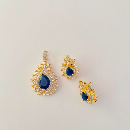 Gold Plated Blue Stone Pendant Set