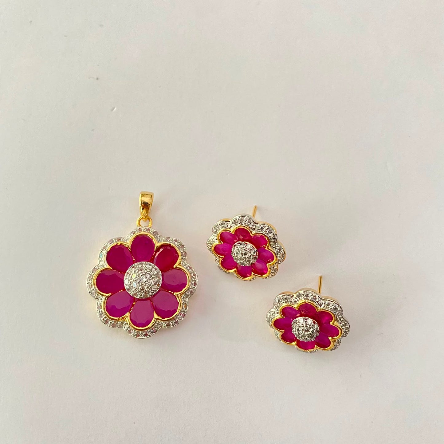 Gold Plated Ruby Flower Design Pendant Set