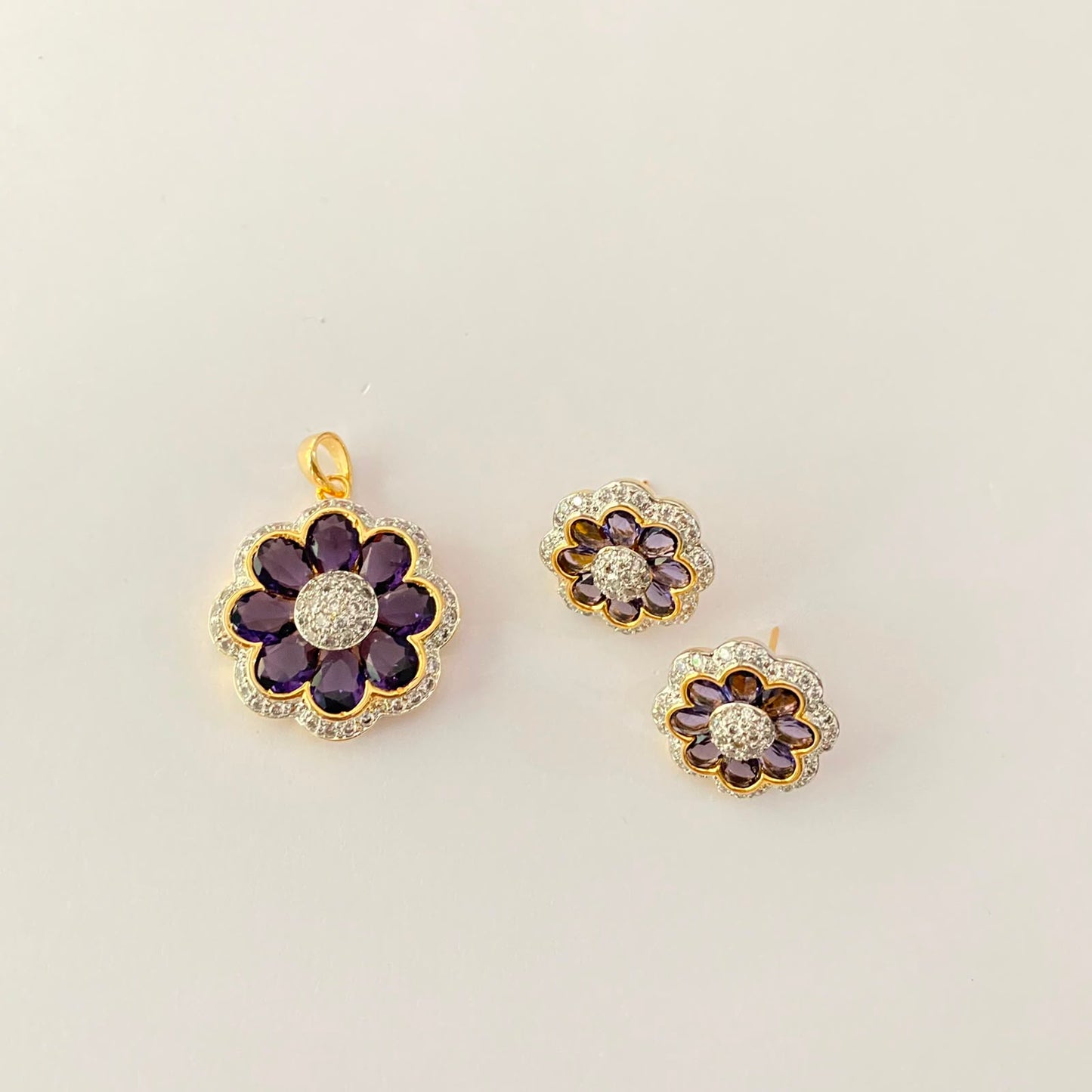 Gold Plated Purple Flower Design Pendant Set