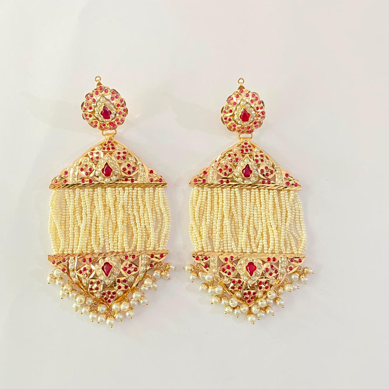 White Beads Ruby Big Jadau Earring