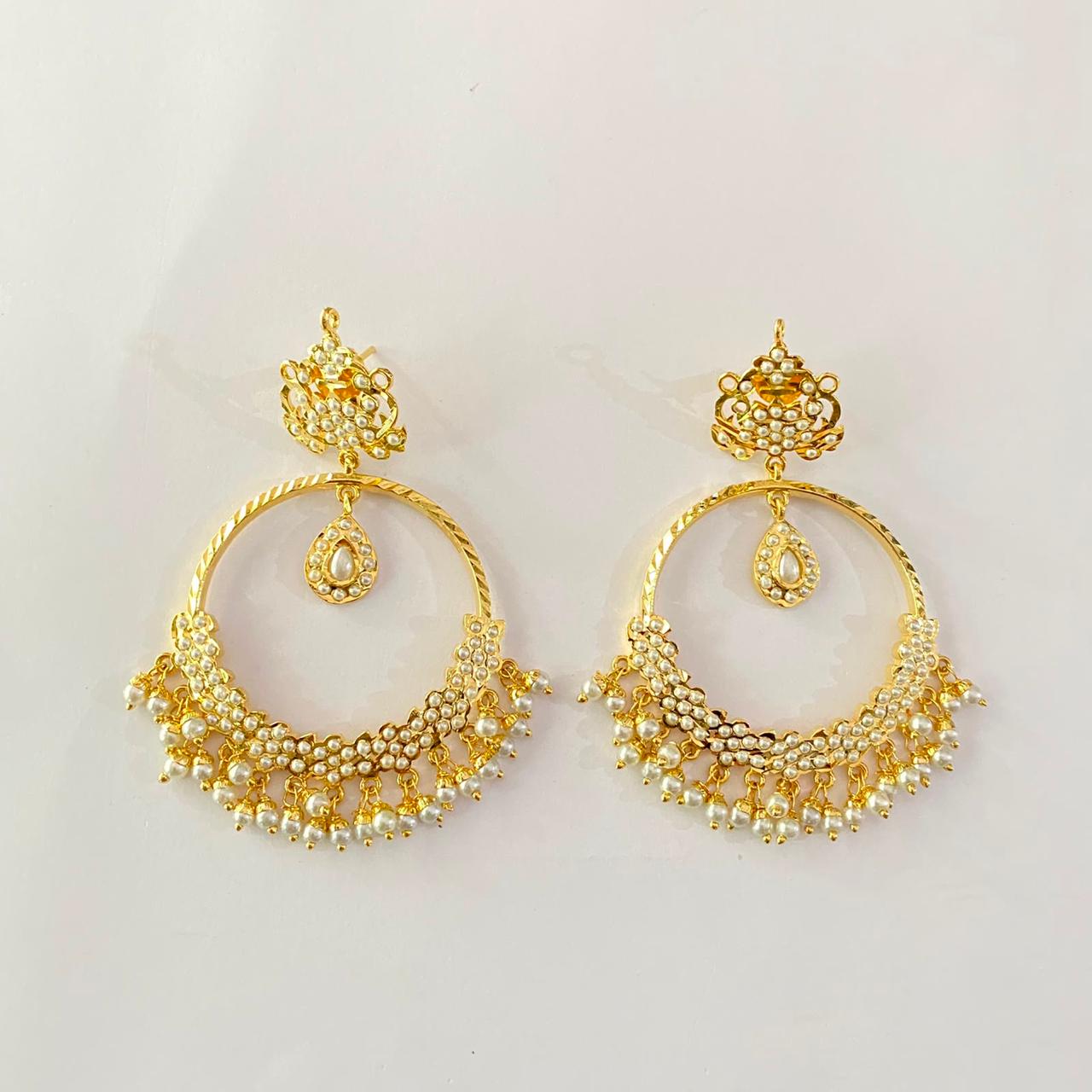 Gold Plated Pearl Jadau Chand Bali