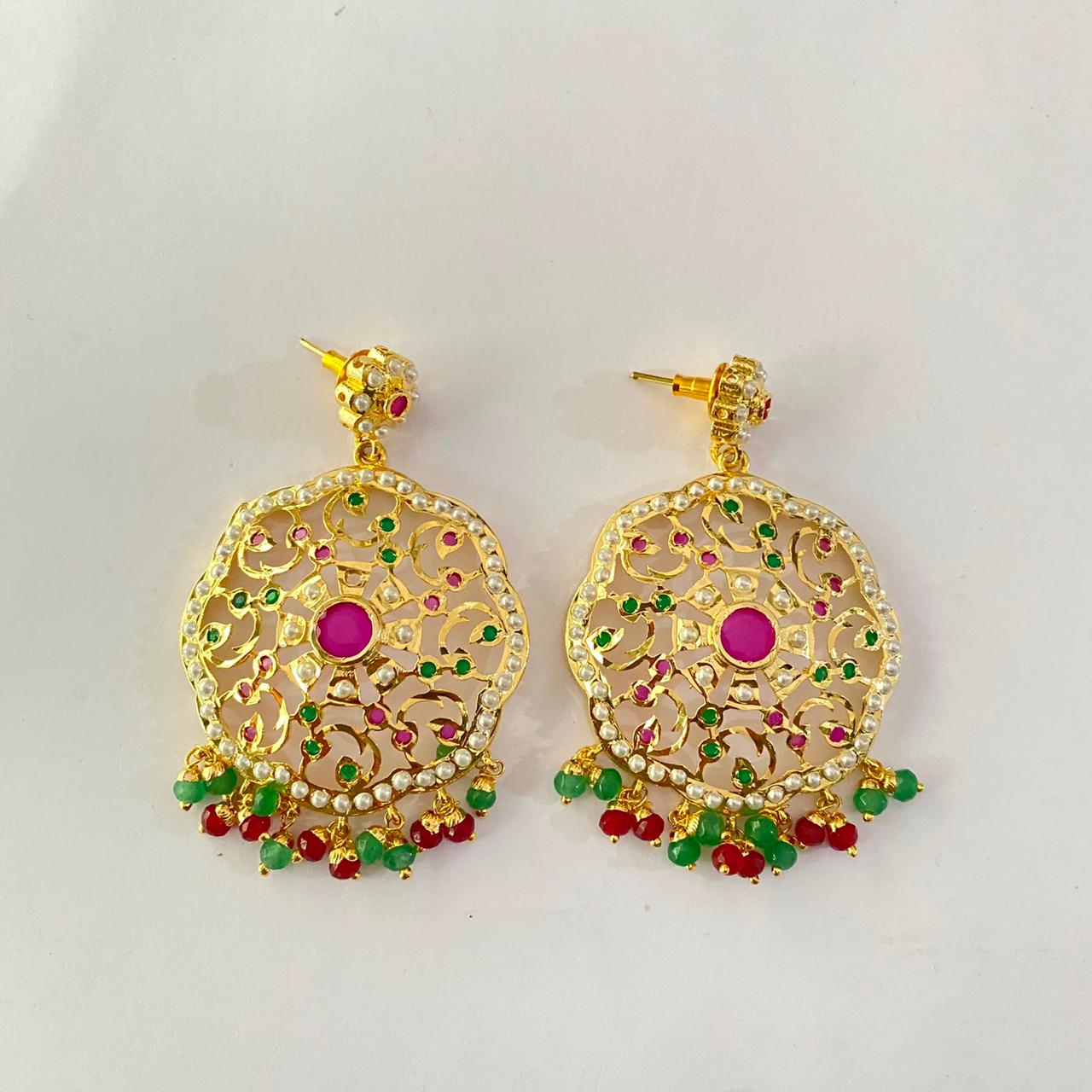 Gold Plated Ruby $ Green Jadau Earring