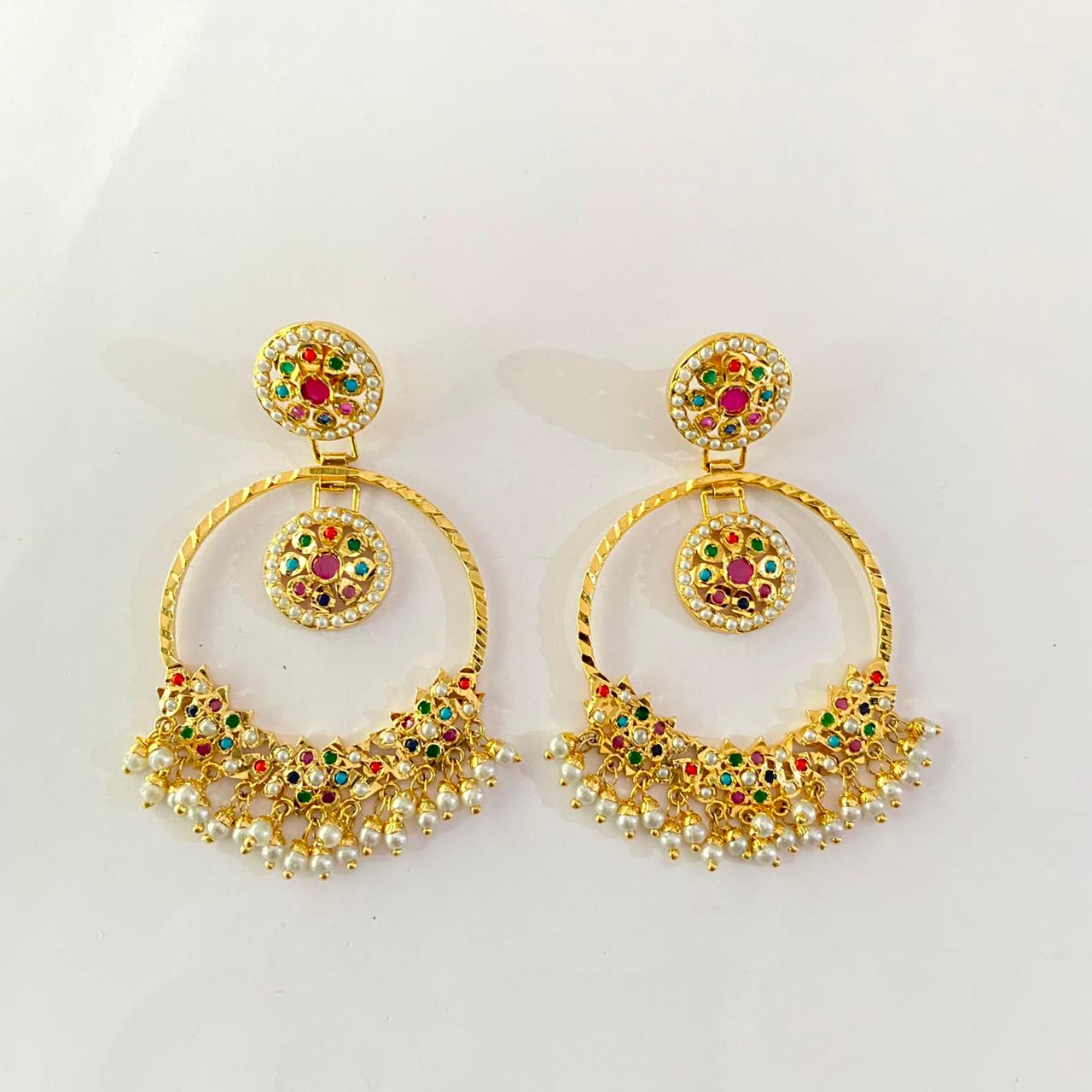 Multi Jadau Gold Plated Chand Bali