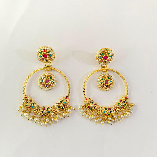 Multi Jadau Gold Plated Chand Bali