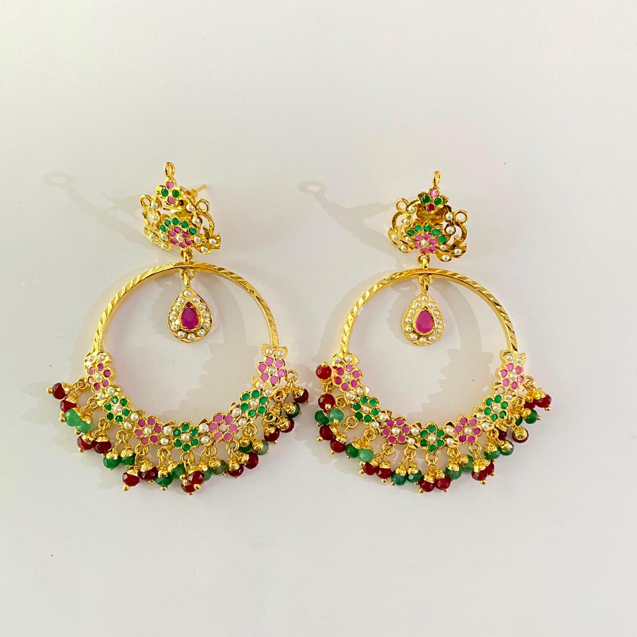 Gold Plated Ruby $ Green Jadau Chand Bali