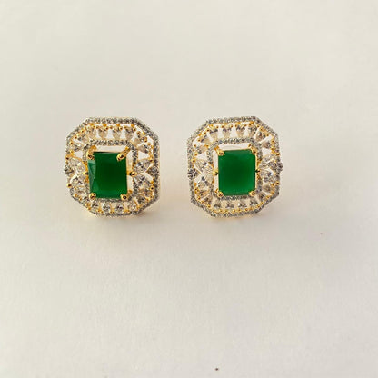Rectangular Green Center Stone Surrounded by a Diamond Crystals Stud