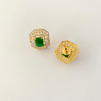 Rectangular Green Center Stone Surrounded by a Diamond Crystals Stud