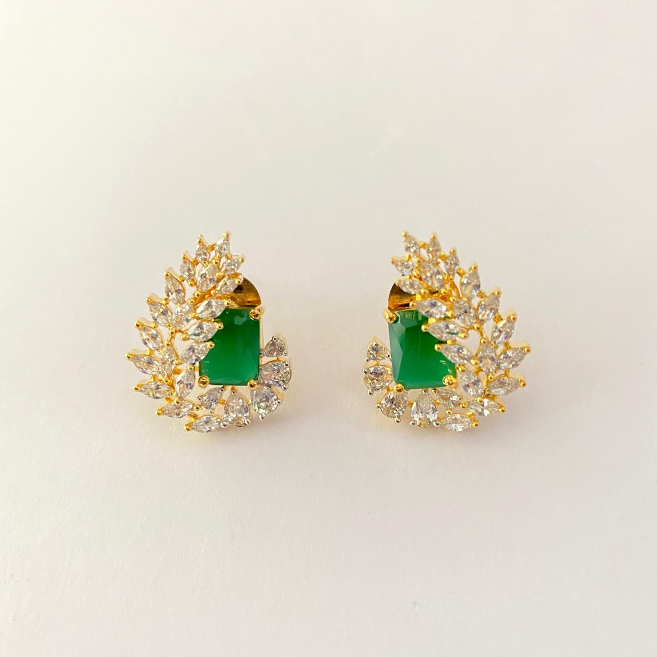 Emerald Center Stone with Teardrop Shape Diamond Gold Plated Stud