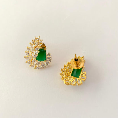 Emerald Center Stone with Teardrop Shape Diamond Gold Plated Stud