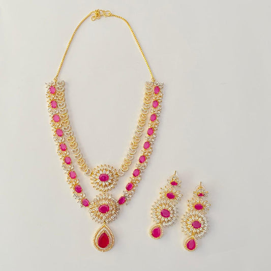 Gold plated Double layer Ruby Diamond Necklace Set
