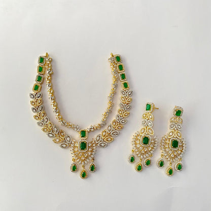 Gold Plated Double Layer Green Diamond  Necklace Set