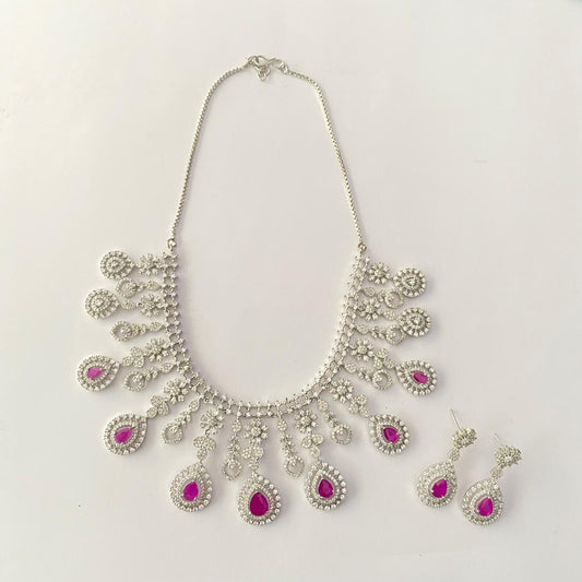 Silver Plated Pink  Diamond Necklace Set