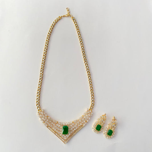 Green Center Stone Gold Plated Diamond Necklace Set