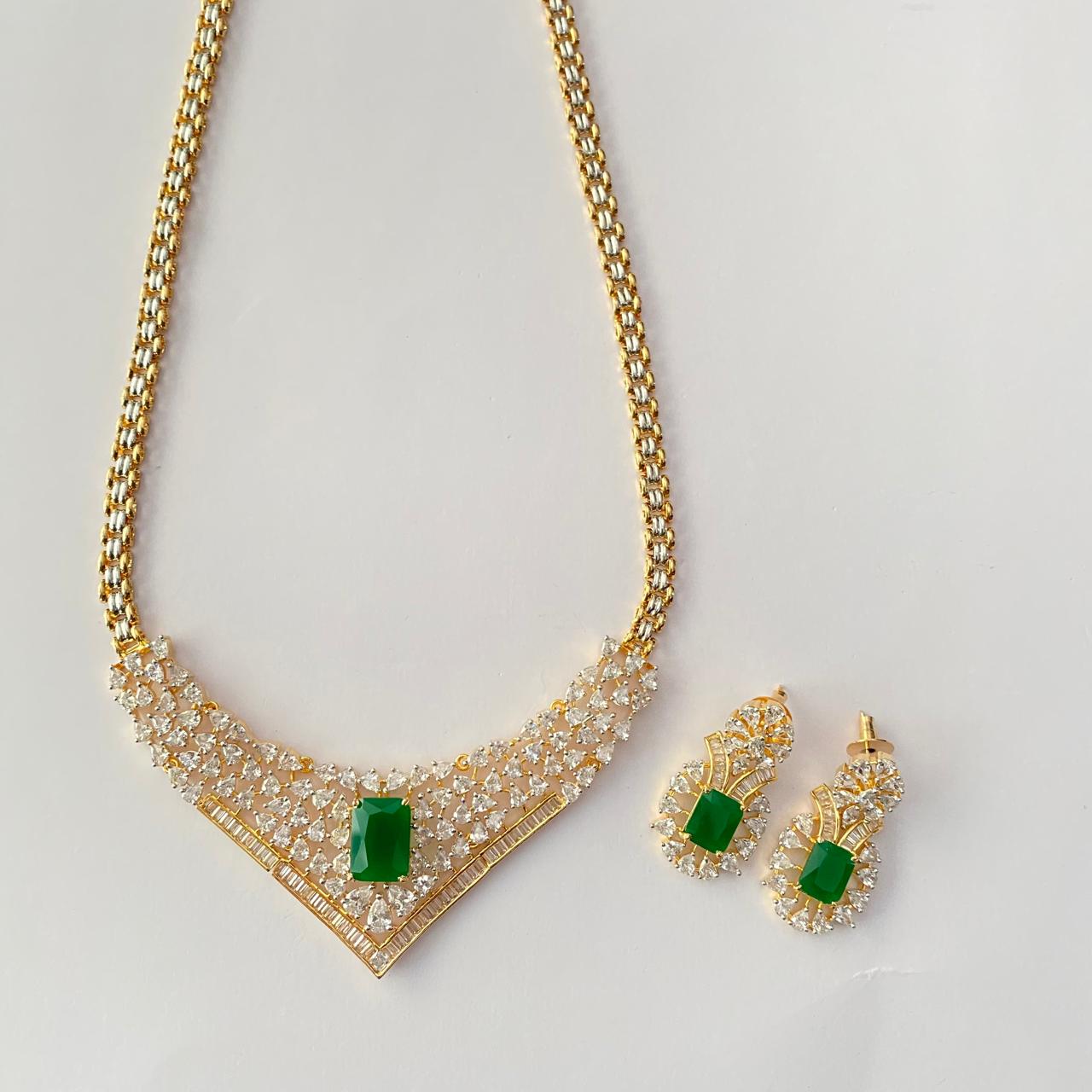 Green Center Stone Gold Plated Diamond Necklace Set