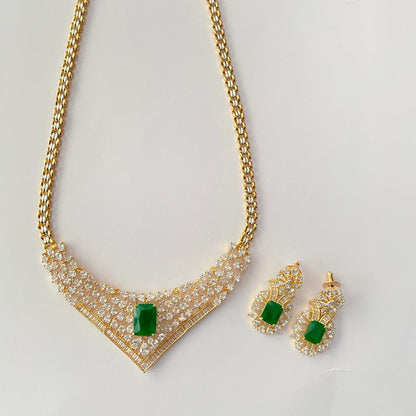 Green Center Stone Gold Plated Diamond Necklace Set