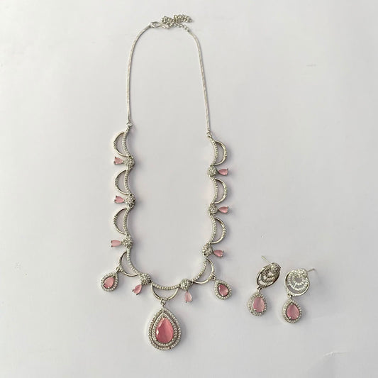 Silver Plated Rose Quartz Diamond Necklace Set