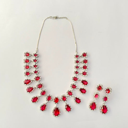 Silver Plated Ruby Diamond Necklace Set