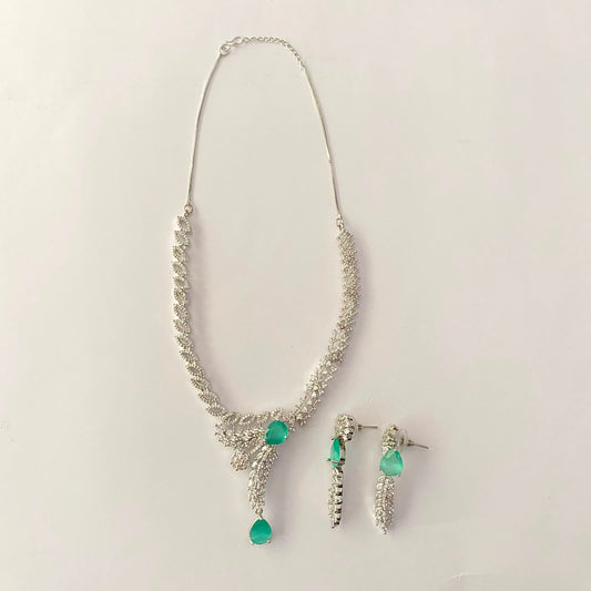 Silver Plated Aquamarine Stone Diamond Necklace Set