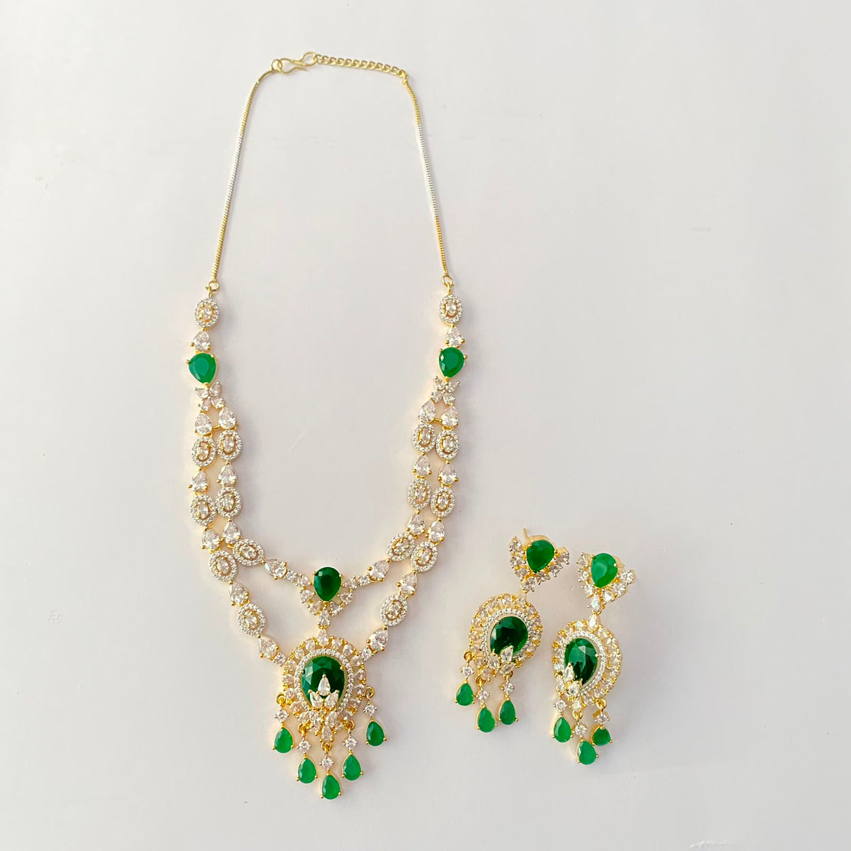 Green Stone Gold Plated Diamond Necklace Set