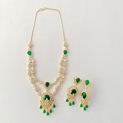 Green Stone Gold Plated Diamond Necklace Set