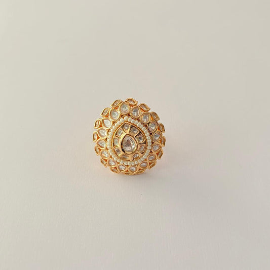 Gold Plated Kundan & Moissanite Ring