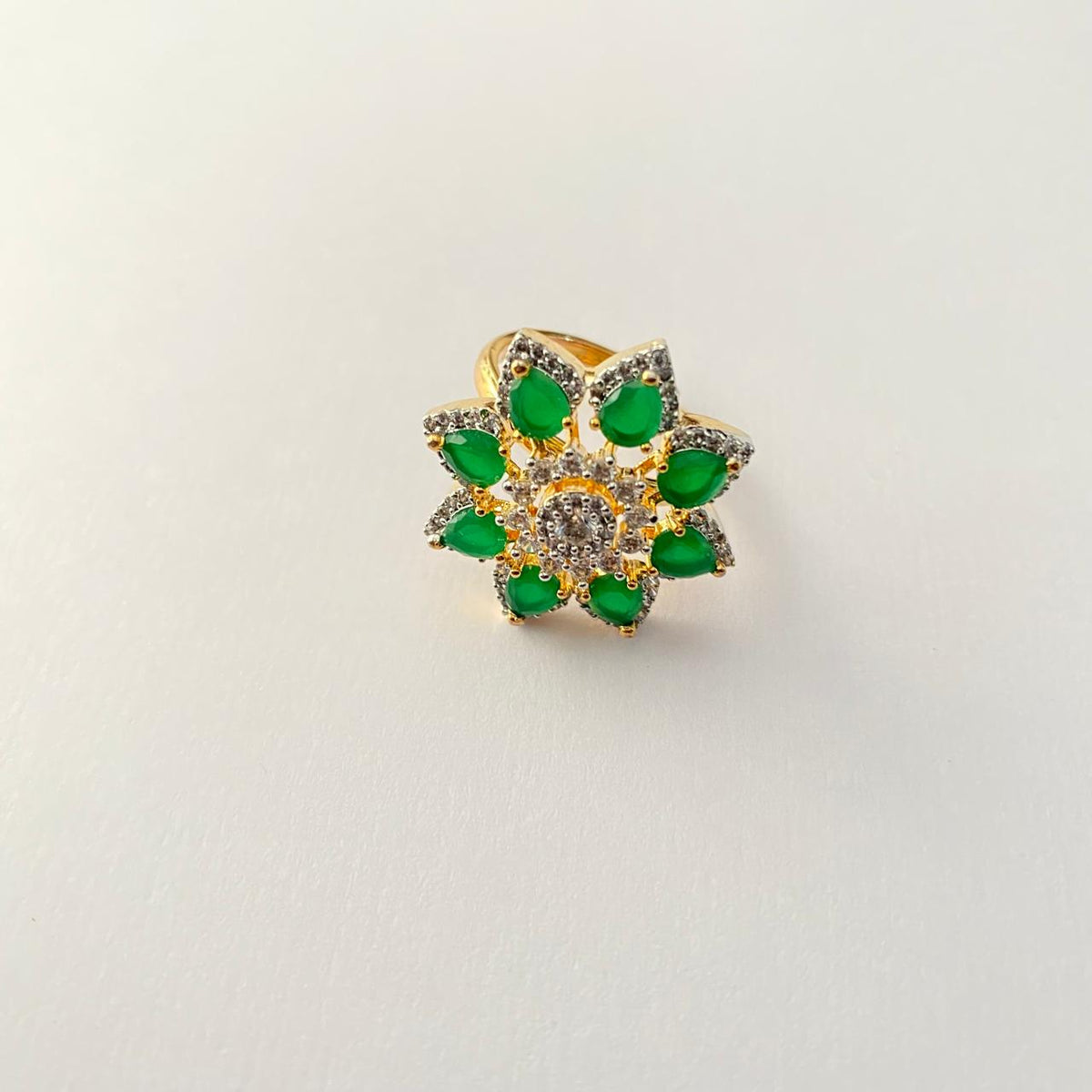 Floral Gold Plated Green Diamond Ring