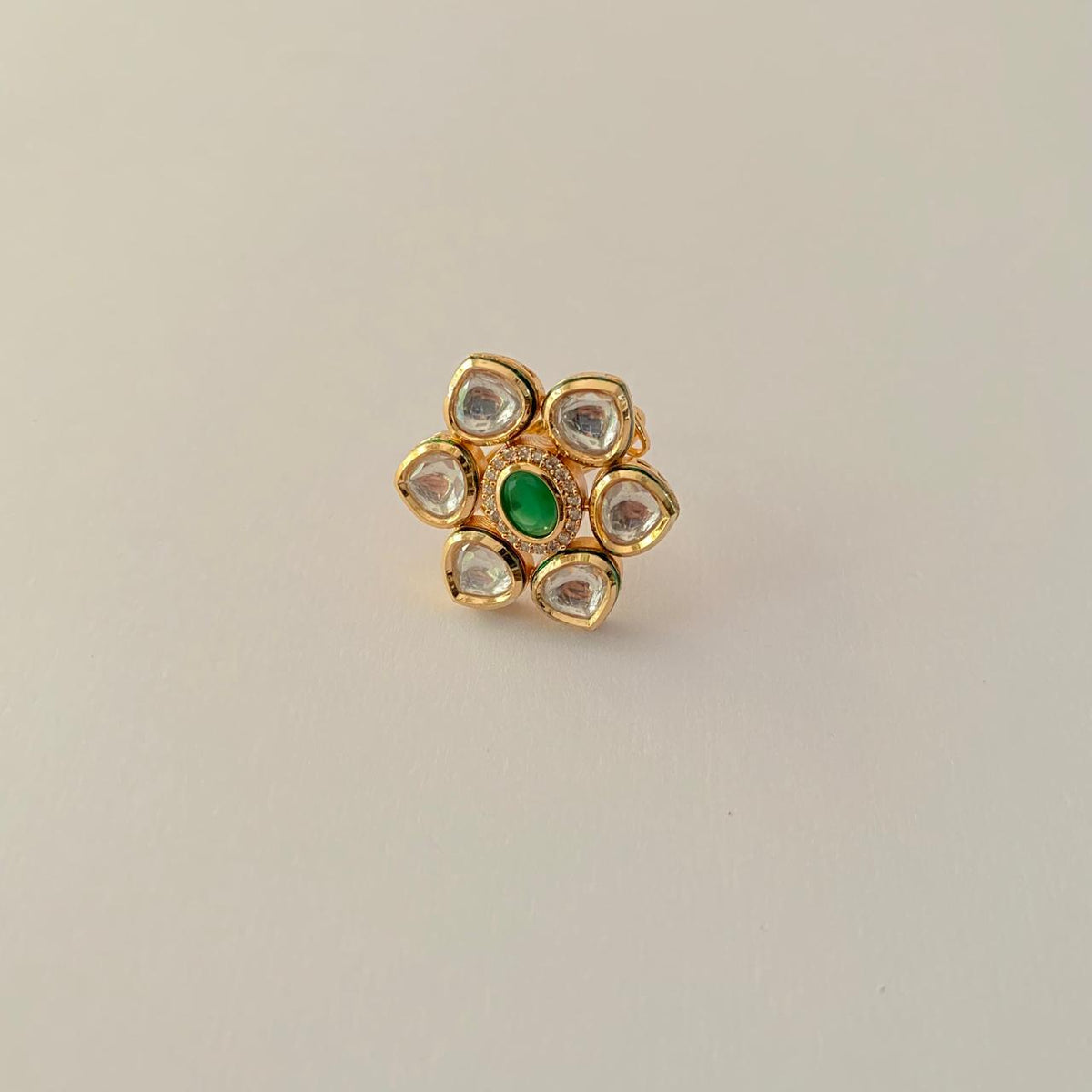 Emerald Gold Plated Flower Design Kundan Ring