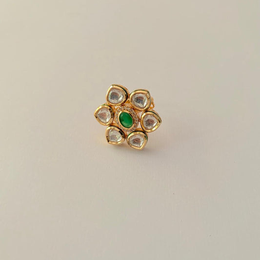 Emerald Gold Plated Flower Design Kundan Ring