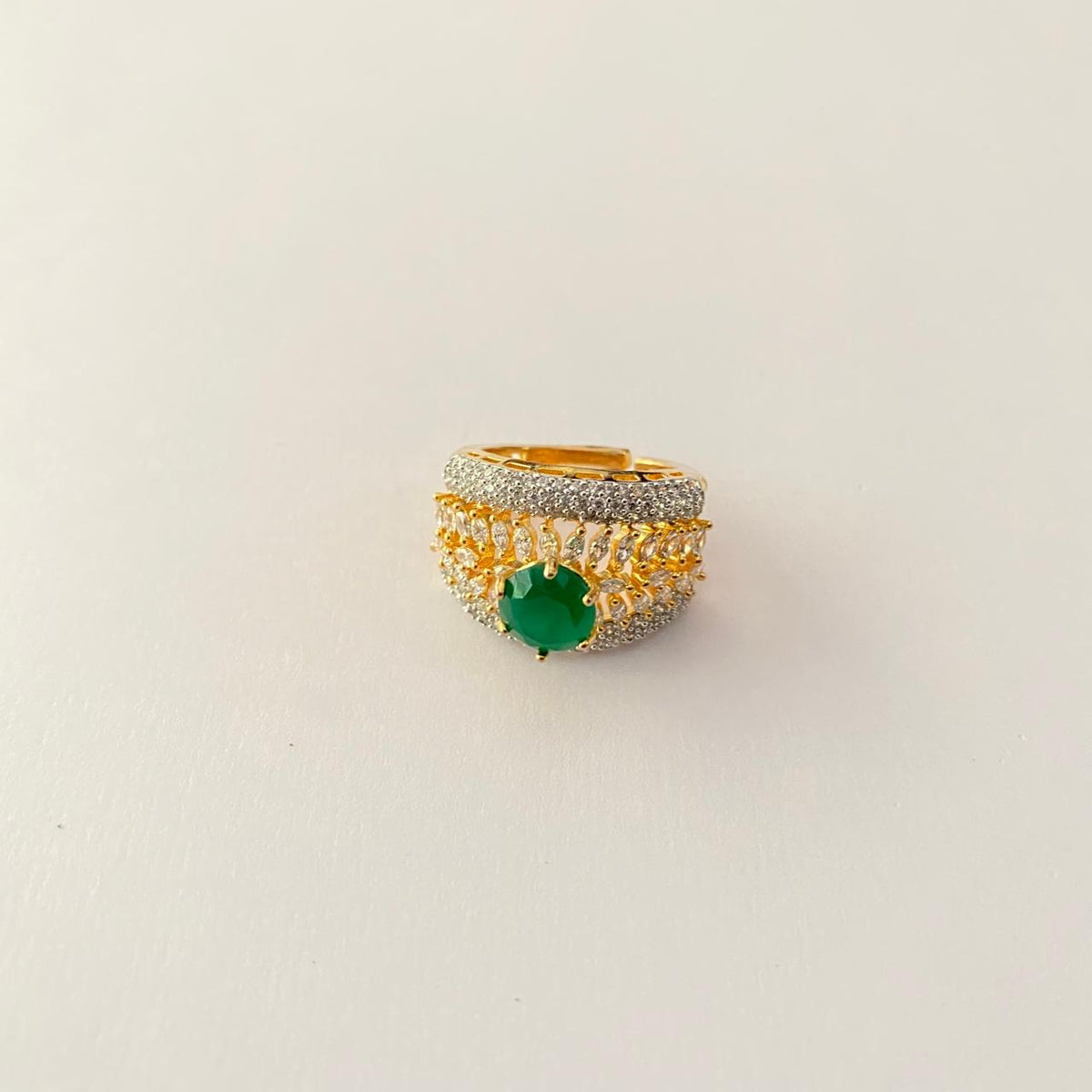 Green Stone Gold Plated Cocktail Diamond Ring