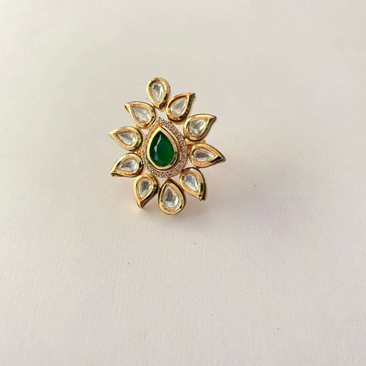 Center Green Stone Gold Plated Kundan Ring