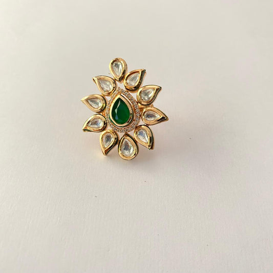 Center Green Stone Gold Plated Kundan Ring