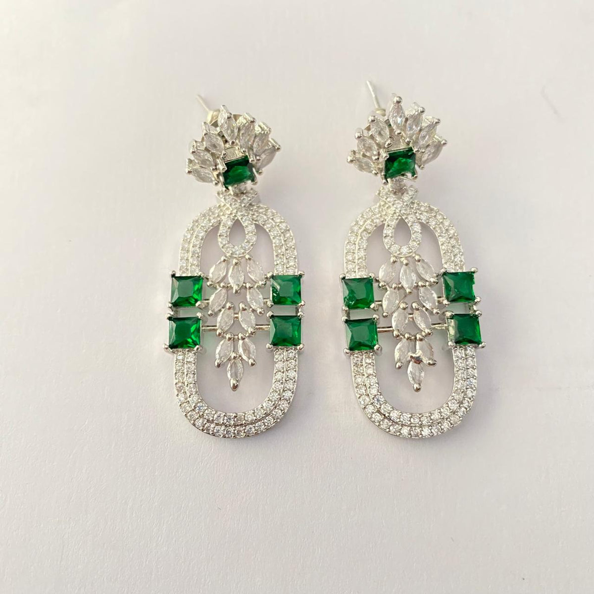 Emerald Silver Plated Diamond Earring