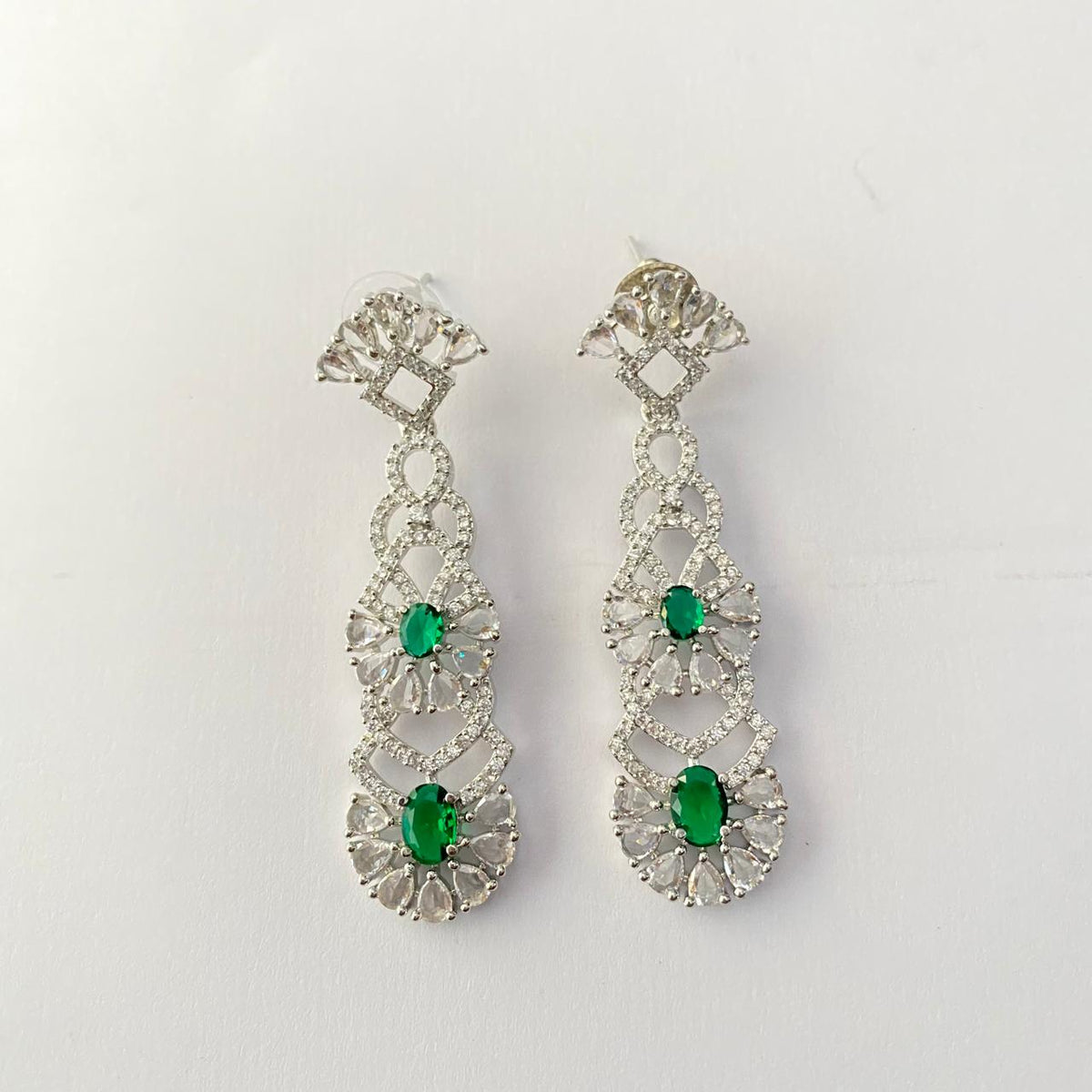 Green Stone Silver Plated Long Dangler Earring