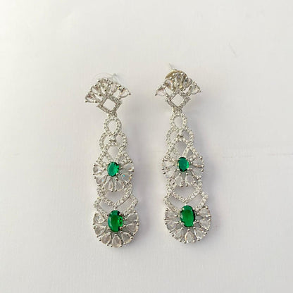 Green Stone Silver Plated Long Dangler Earring
