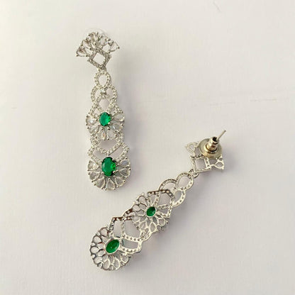 Green Stone Silver Plated Long Dangler Earring