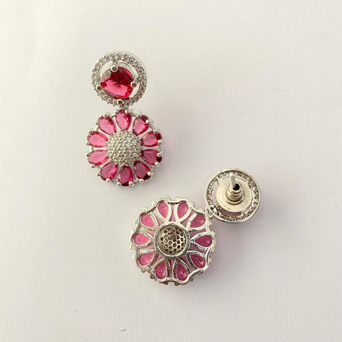 Pink Stone Silver Plated Earring