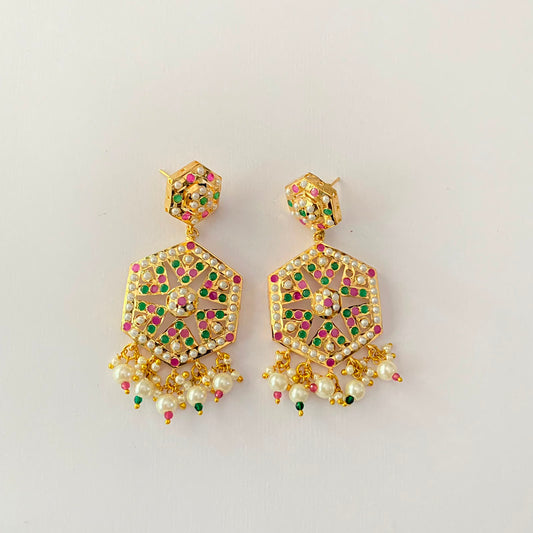 Gold Plated Ruby & Green Jadau Earring