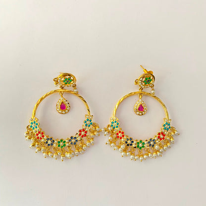 Multi Jadau Gold Plated Chand Bali