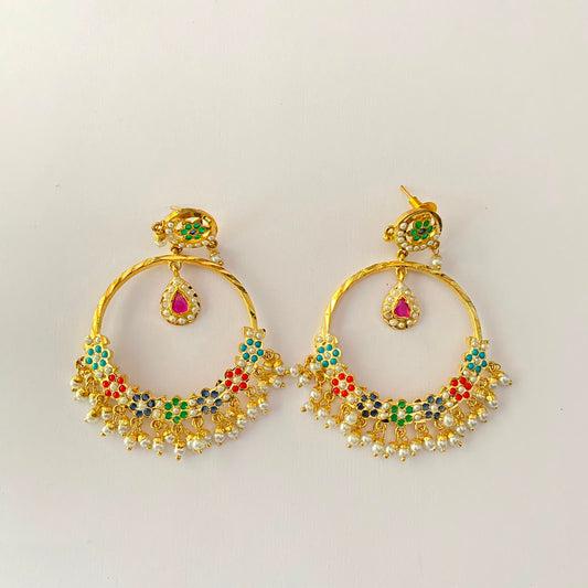 Multi Jadau Gold Plated Chand Bali