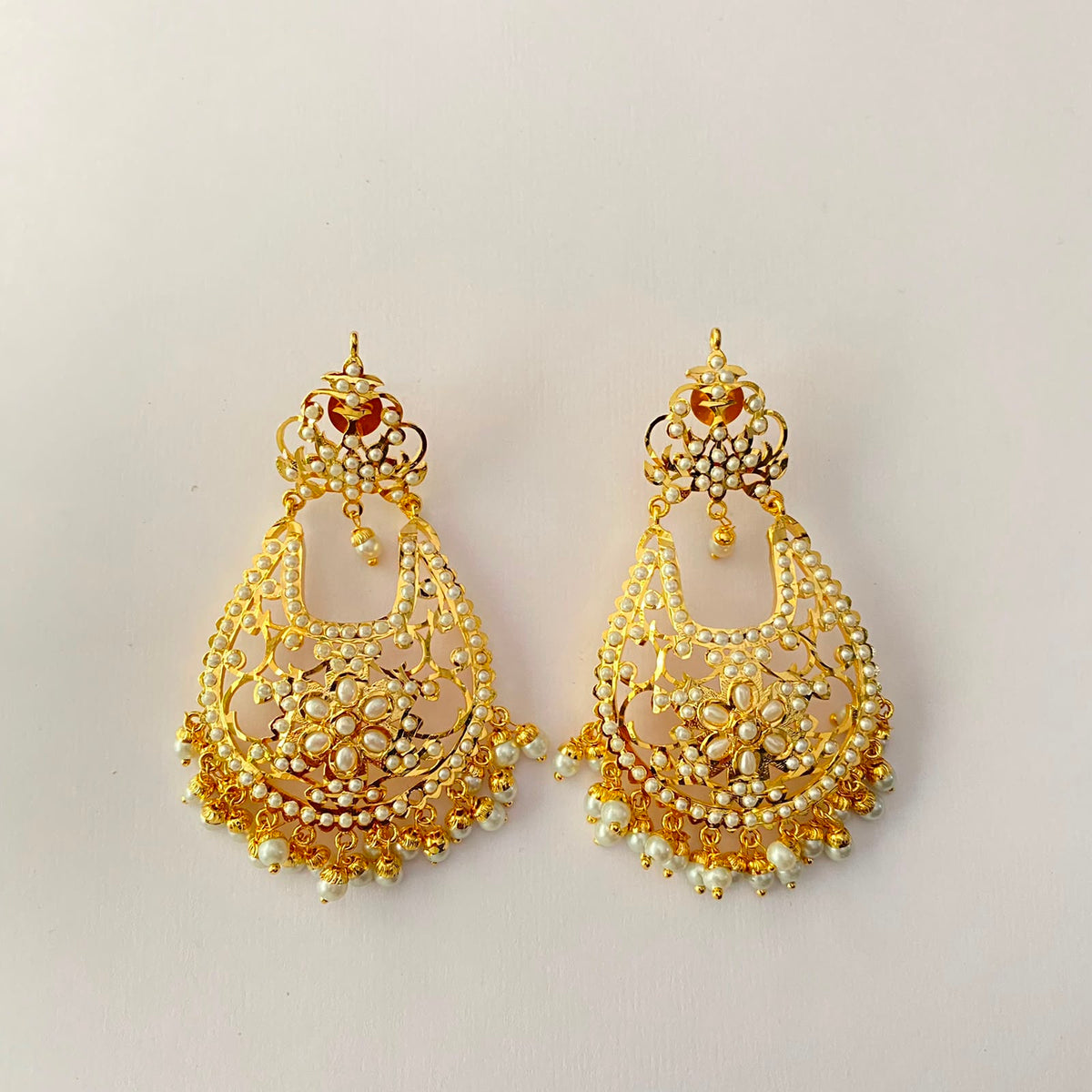 White Pearl Gold Plated Jadau Chand Bali
