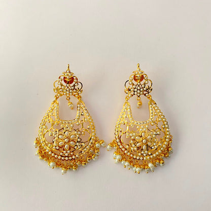 White Pearl Gold Plated Jadau Chand Bali