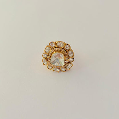 Polki Floral Antique Gold Plated Ring