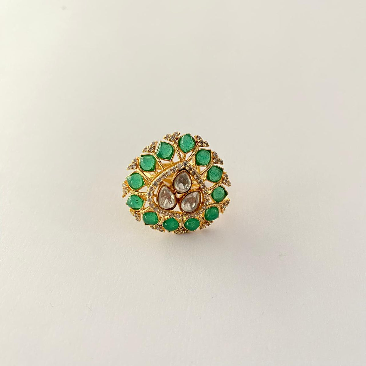 Green Gold Plated Kundan Ring