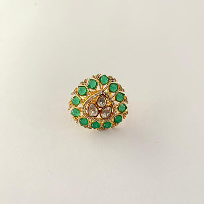 Green Gold Plated Kundan Ring