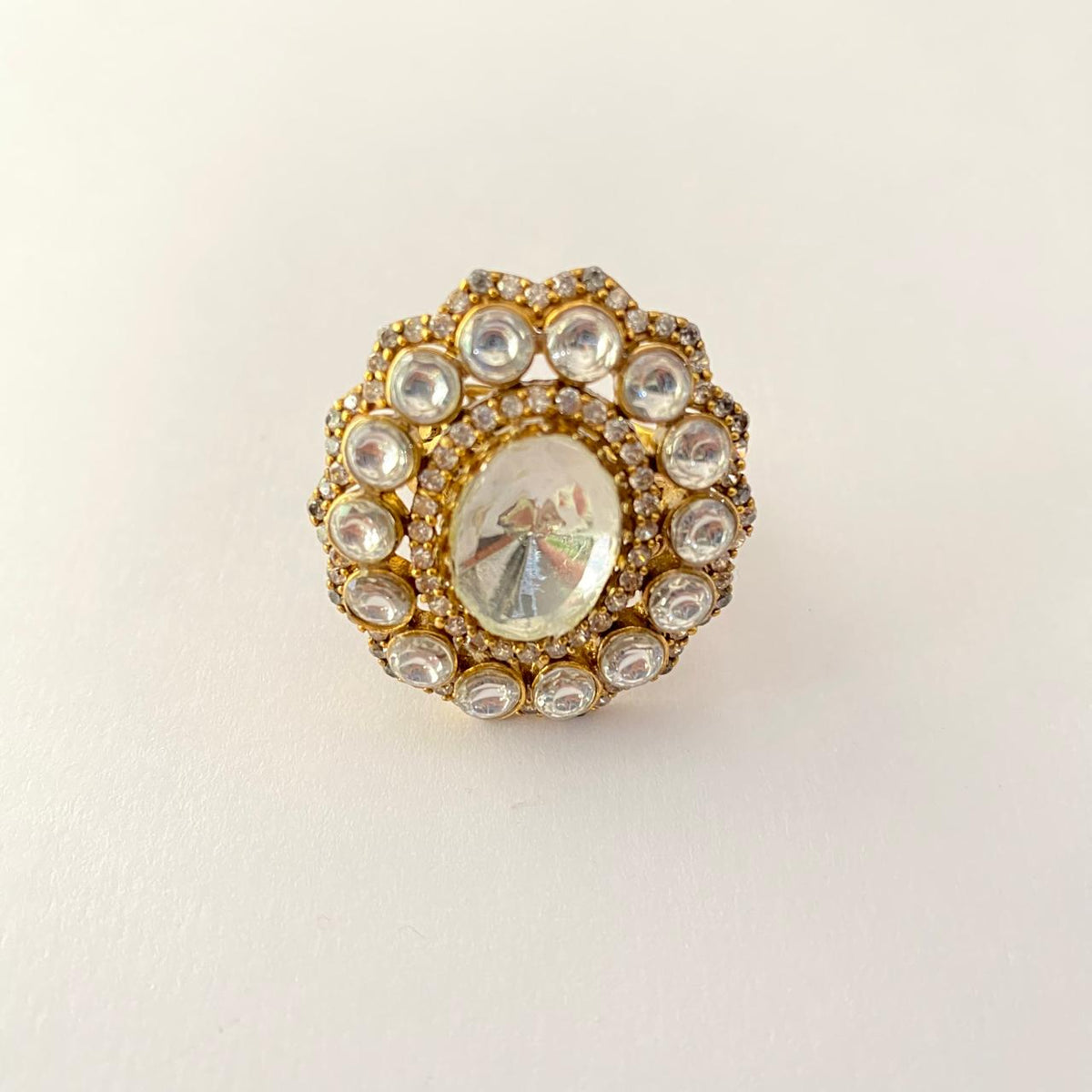 Center Polki Stone with Flower Design Antique Gold Plated Ring