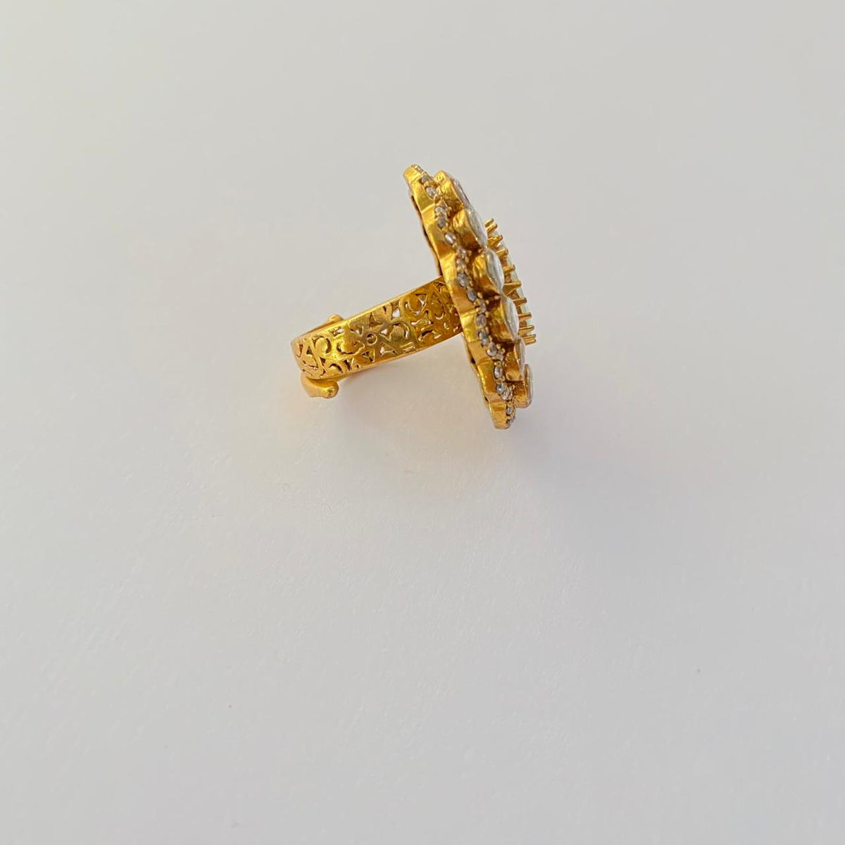 Center Polki Stone with Flower Design Antique Gold Plated Ring